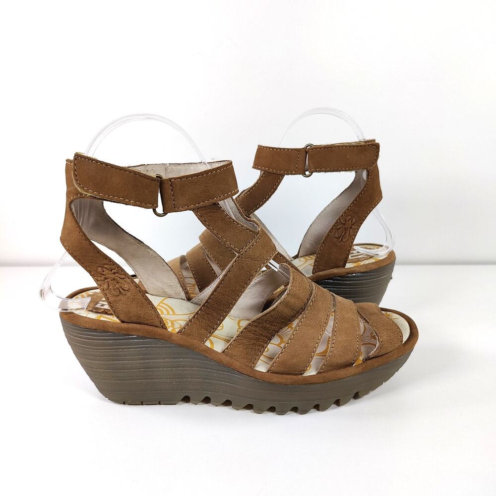 Fly London Yeba 895 Leather Strappy Wedge Sandals Tan EU 37 US 6.5-7 Comfort